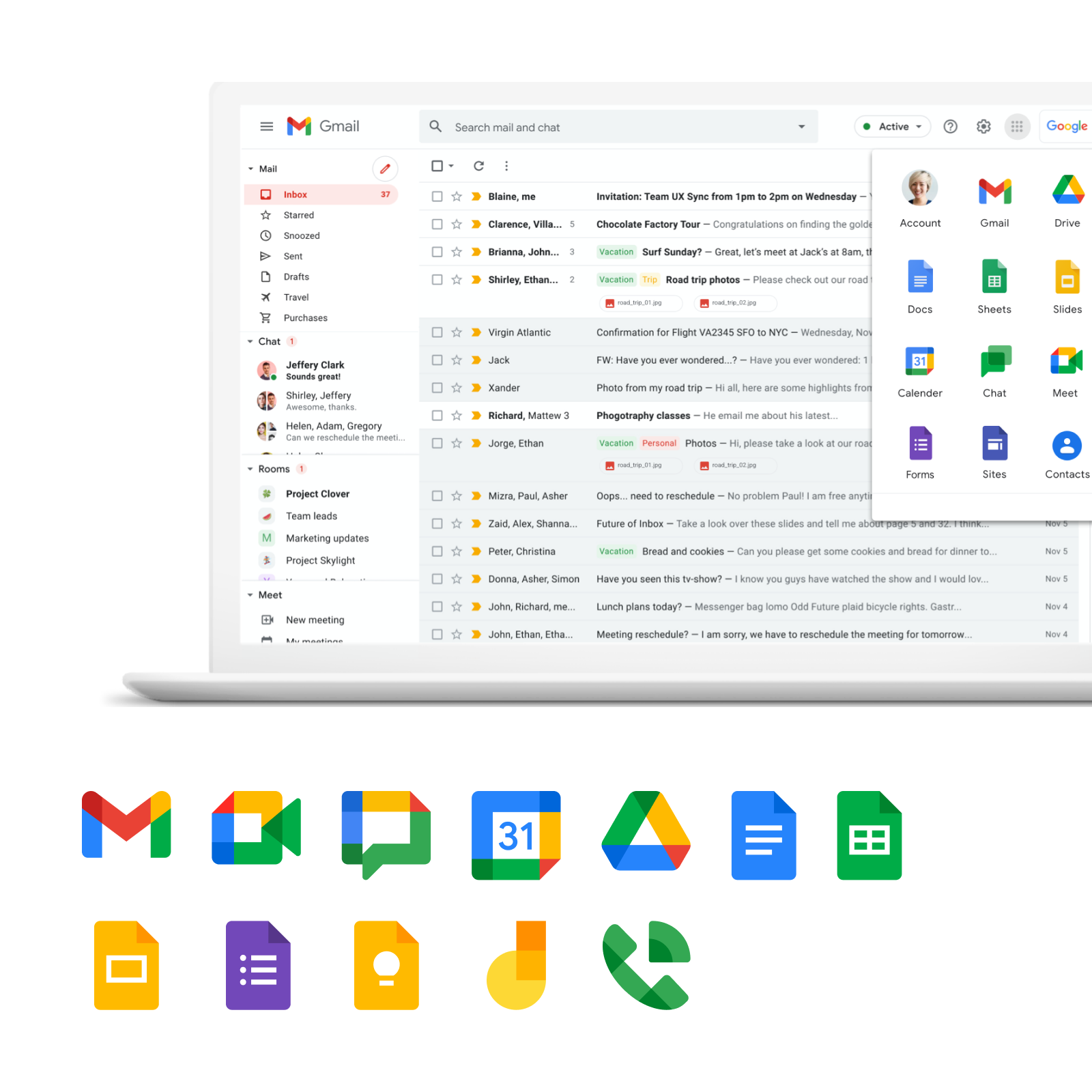 A message that reads "Do your best work all in one place." besides a laptop dispaying Gmail and several Google app icons below.