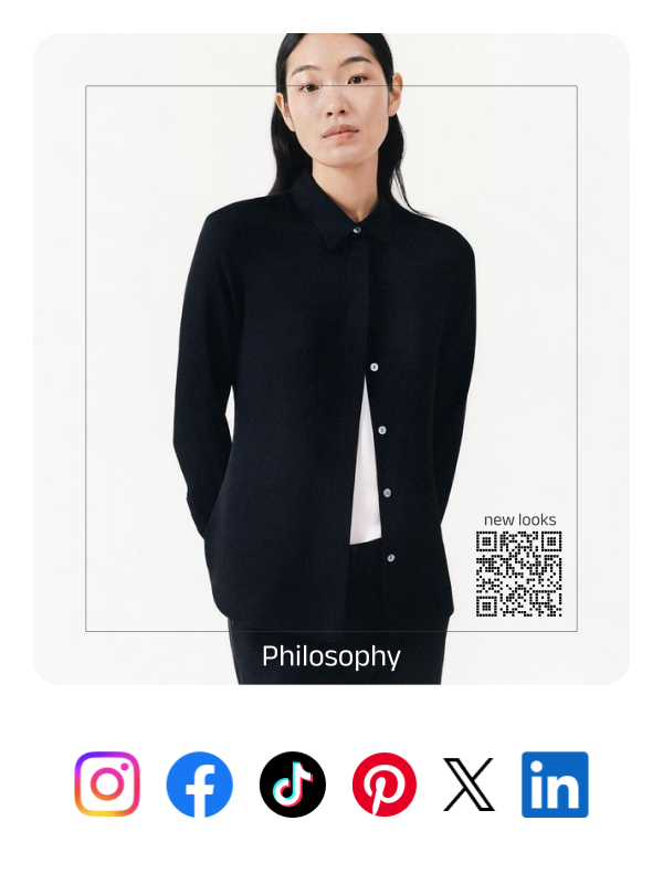 Social media retail post of female model, QR code, and social media icons.